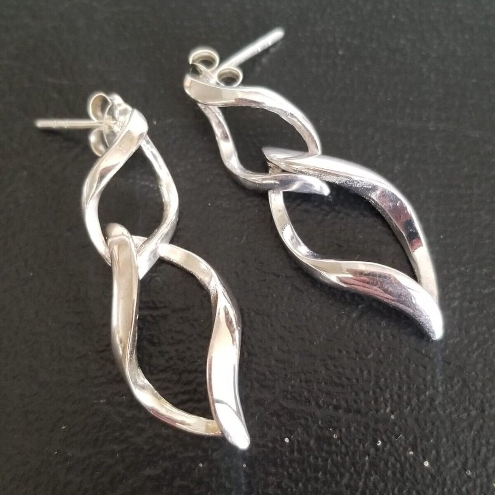 925 Sterling Silver Two Linked Twisted Marquise Dangle Drop High Shine Earrings